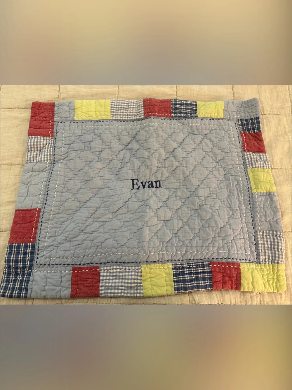 Vintage Pottery Barn kids pillow cover 20x15 “Evan” embroidered Chambrey